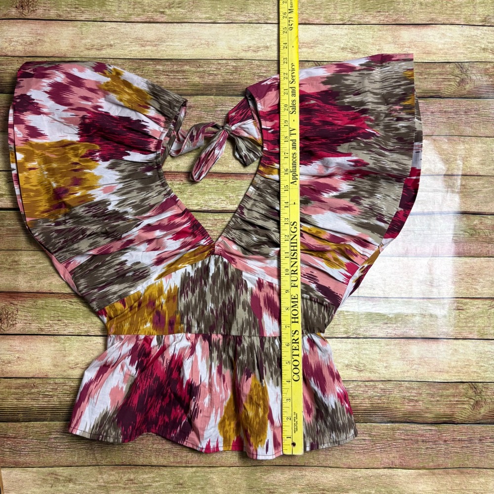 Love the Label Abstract Ikat Flutter Sleeve Tie Back Peplum Top Pink Ochre XS - Picture 6 of 7